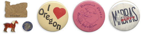 Wooden Oregon pin, horse pin, State of Oregon seal pin, I Heart Oregon, Buffalo Power: MHS, Madras White Buffs