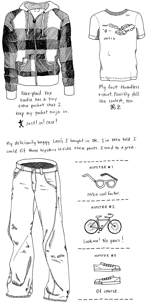 Outfit No. 13: Fake-plaid Fox hoodie that has a tiny extra pocket that I keep my pocket ninja in; my first threadless s-shirt. possibly still the coolest. CTRL+Z; my deliciously baggy levi's I bought in DK. I've been told I could fit three hipsters inside these pants. I tend to agree (Hipster #1: 20/20 cool factor)(Hipster #2: Look ma! No gears!)(Hipster #3: of course, converse)