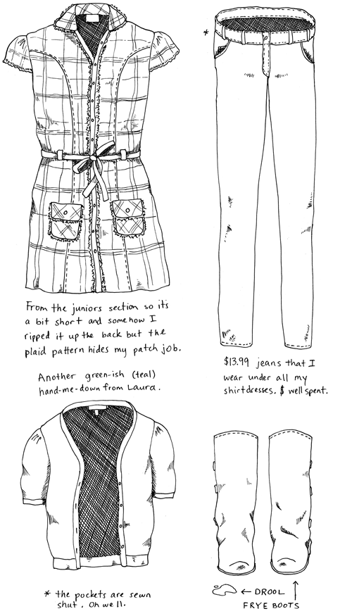 Outfit No. 19: Plaid dress from the junior's section so it's a bit short and somehow I ripped it up the back but the plaid pattern hides my patch job. / $13.99 jeans that I wear under all my shirtdresses. $ well spent.* / Another greenish (teal) hand-me-down from Laura. / FRYE BOOTS. DROOL. / *the pockets are sewn shut. oh well