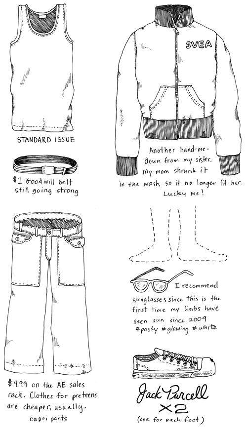 Outfit No. 21: Standard Issue tank top. / $1 Goodwill belt, still going strong. / $9.99 capri pants from AE sales rack. Clothes for preteens are cheaper, usually. / SVEA sweatshirt from my sister; it got shrunk in the wash so I got it! / Jack Purcells; one for each foot. / I recommend sunglasses since this is the first time my limbs have seen sun since 2009 #pasty #glowing #white.