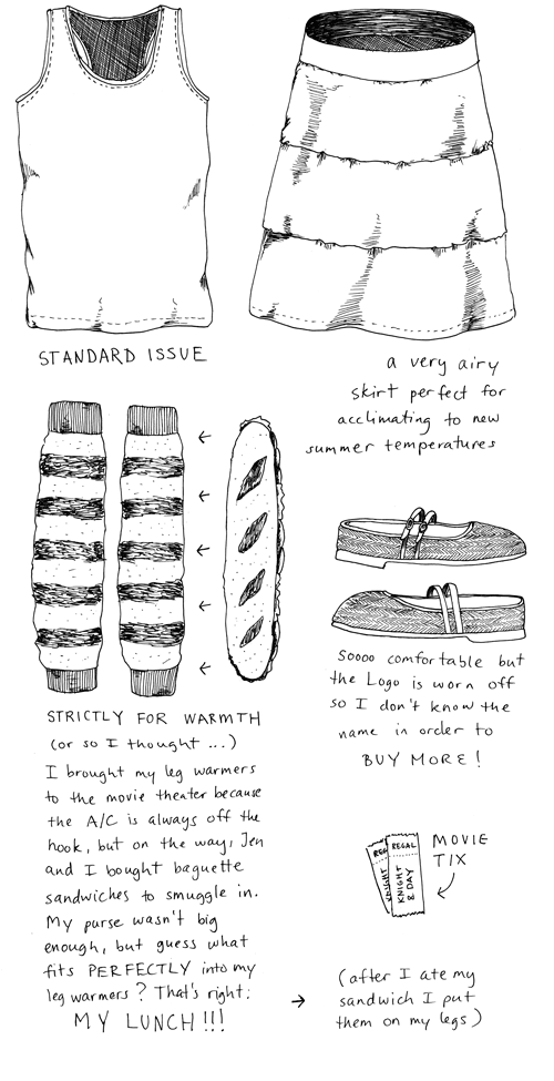 Outfit No. 23: Standard Issue tank top. / A very airy skirt perfect for acclimating to new summer temperatures. / Flats, sooo comfortable but the logo is worn off so I don't know the name in order to BUY MORE! / Movie tix. / Leg warmers, strictly for warmth, or so I thought...I brought them to the movie theater because the AC is always off the hook, but on the way Jen and I bought baguette sandwiches to smuggle in. My purse wasn't big enough, but guess what fits PERFECTLY into my leg warmers? MY LUNCH!!! (after I ate my sandwich I put them on my legs)