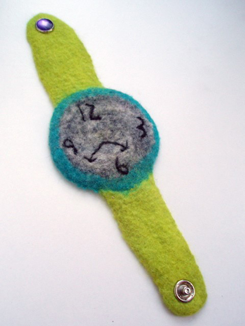 Teal and lime hand felted watch by LeBrie Rich.