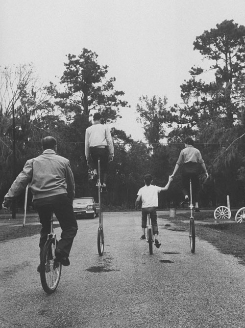 A family of unicyclers, rolling down a path.