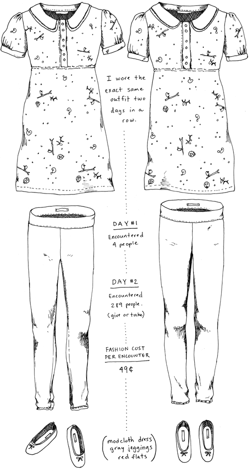 Outfit No. 30: I wore the exact same outfit two days in a row. / Day #1: encountered 4 people. / Day #2: encountered 289 people (give or take). / Fashion Cost Per Encounter: 49 cents. / ModCloth dress, gray jeggings, red flats.