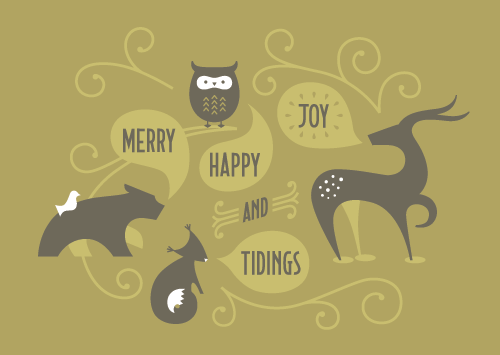 Merry, Happy, Joy and Tidings wallpaper in butterscotch. An owl, deer, fox and bear wish you a happy holiday.