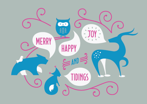 Merry, Happy, Joy and Tidings wallpaper in candy cane. An owl, deer, fox and bear wish you a happy holiday.