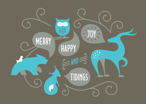 Merry, Happy, Joy and Tidings wallpaper in chocolate. An owl, deer, fox and bear wish you a happy holiday.