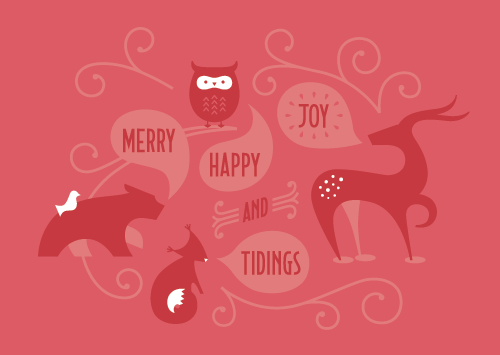 Merry, Happy, Joy and Tidings wallpaper in strawberry. An owl, deer, fox and bear wish you a happy holiday.