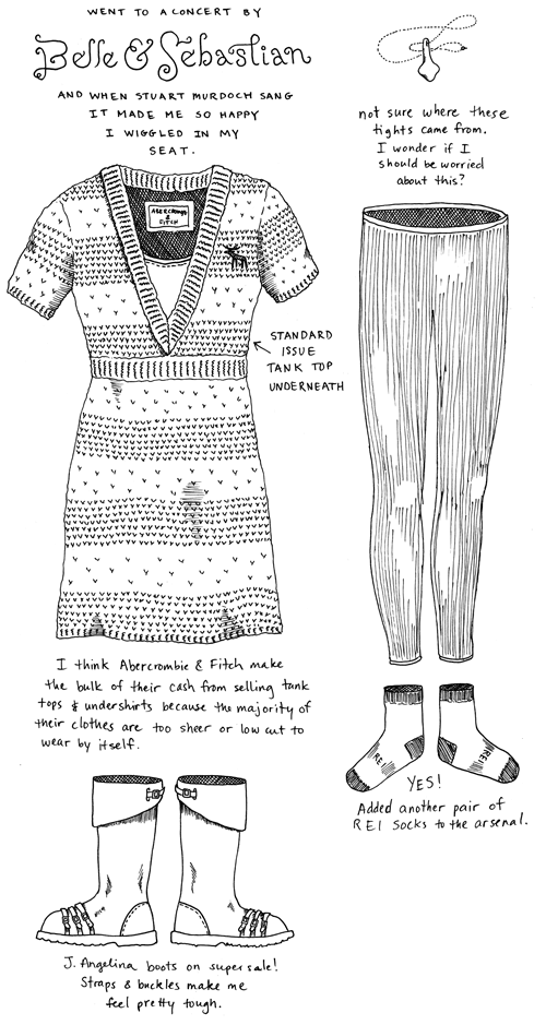 Outfit No. 32: Went to a concert by Belle & Sebastian and when Stuart Murdoch sang it made me so happy I wiggled in my seat. / Abercrombie & Fitch knit dress. I think they make the bulk of their cash from selling tank tops and undershirts because the majority of their clothes are too sheer or low cut to wear by itself. / Standard issue tank top underneath dress. / Not sure where I got these tights from. I wonder if I should be worried about this? / YES! added another pair of REI socks to the arsenal. / J. Angelina boots on super sale! Straps and buckles make me feel pretty tough.