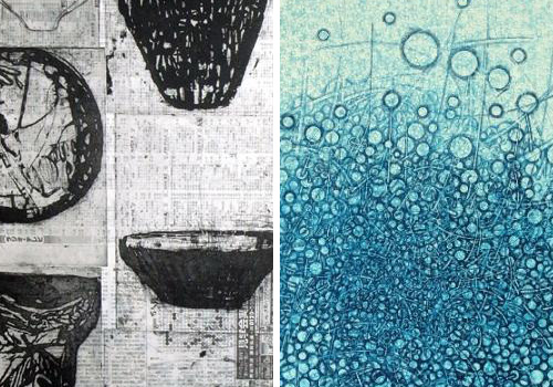 Examples of drypoint and chine collé artwork by Ritsuko Ozeki and Takahiko Hayashi