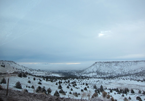 View of Warm Springs from the top of the plains, driving east from Mt. Hood.