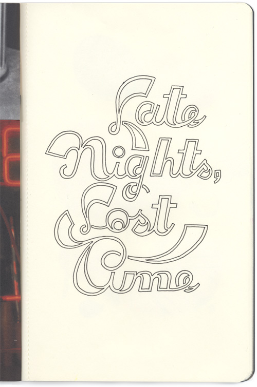 sketchbook project page - late nights, lost time, hand drawn open-faced type