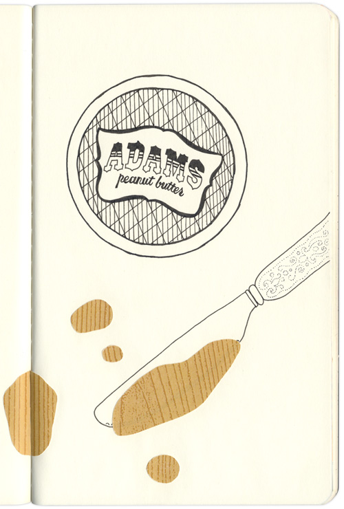 sticky Adam's peanut butter on a knife, sticks on the page opposite it