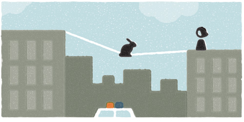 With such a high propensity for thrill-seeking adventure, it wasn't long before my rabbit had concocted a plan to rival our Houdini "barrel in a rushing river" triumph. This time, he planned to traverse the buildings of New York via tightrope. The police had alternative thoughts about this dream.