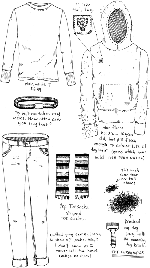 Outfit No. 40: Plain white T - $6.99. / Blue fleece hoodie...10 years old but still fleecy enough to attract lots of dog hair (guess which hand held THE FURMINATOR). / My belt matches my socks. How often can you say that? / Cuffed gray skinny jeans, to show off socks. Why? I don't know as I never left the house (notice no shoes). / Yep. Toe socks. Striped toe socks. / Brushed my dog Lucy with the amazing dog brush...THE FURMINATOR. About 5 million hairs from her tail alone!