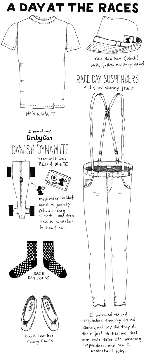 Outfit No. 45: A DAY AT THE RACES. A plain white T with gray skinny jeans and red suspenders. / I borrowed the suspenders from my friend Aaron, and boy did they do their job! He told me that men walk taller when wearing suspenders, and now I understand why. / Race day hat (black) with matching yellow band. / Race day checkered socks. / Black leather racing flats. / I named my Derby Car DANISH DYNAMITE because it was red and white. My pioneer rabbit wore a jaunty yellow racing scarf...and even had a headshot to hand out. He's so vain.
