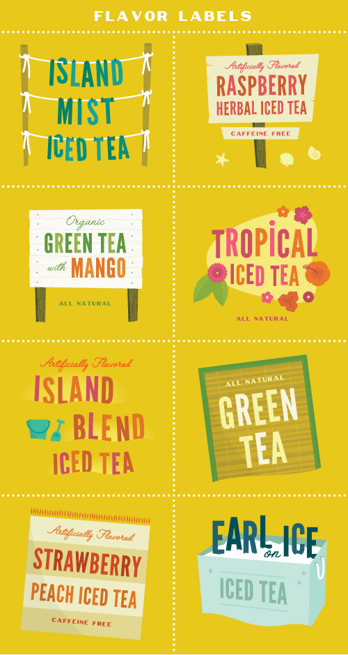 Island Mist iced tea flavors: raspberry herbal iced tea, organic green tea with mango, tropical iced tea, island blend iced tea, green tea, strawberry peach iced tea, and earl grey iced tea.