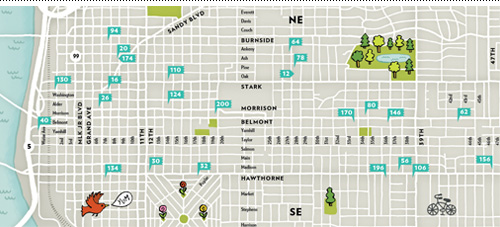 Close up of hand-illustrated map of Southeast Portland, including Laurelhurst park, Ladd's addition and all those other trendy areas.