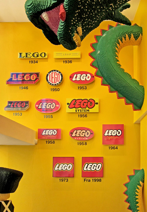 A history of Lego logos in a Copenhagen Lego store.