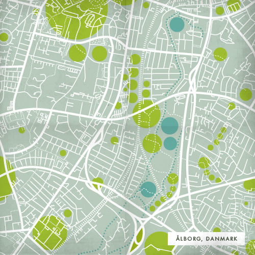 Map of Ålborg, Danmark showing transportation, green spaces and waterways.