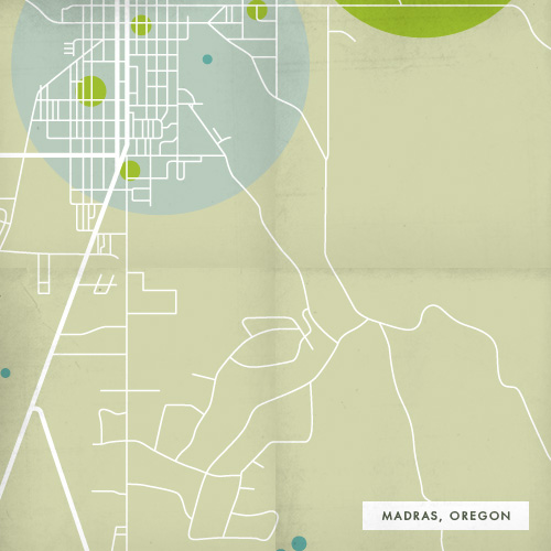 Map of Madras, Oregon showing transportation, green spaces and waterways.