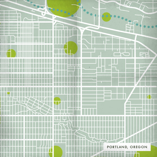 Map of Portland, Oregon showing transportation, green spaces and waterways.