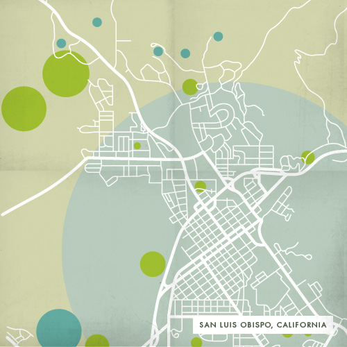 Map of San Luis Obispo, California showing transportation, green spaces and waterways.