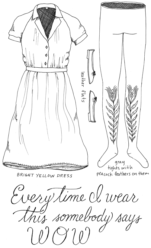 Outfit No. 49: A bright yellow knee-length dress from ModCloth. The fabric is very crepe-paper-like. / Gray tights with peacock feathers printed on the calf in orange, red, turquoise and yellow. / Leather flats. / Every time I wear this somebody says WOW.