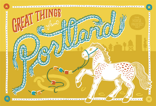 Great Thing from Portland postcard series for Pinball Publishing, featuring a horse from the Horse Project with some rope type and a Portland skyline.