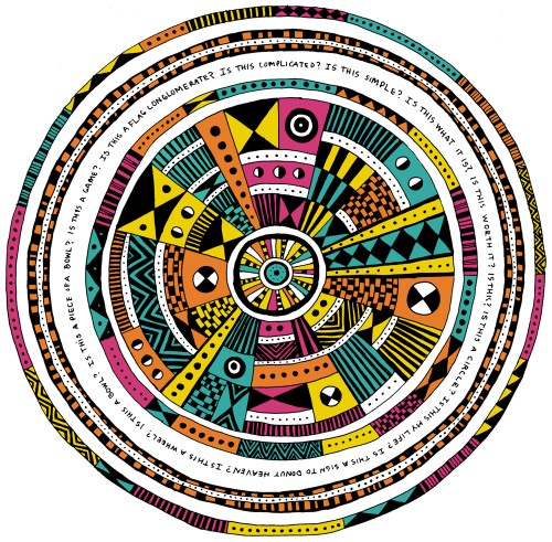 Cave man aztec style pattern circle illustration with neon 80s color scheme.