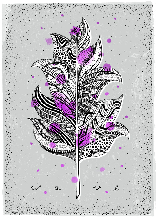 Hand illustrated feather with textures and patterns on a bluish screen print background with neon magenta splotches.