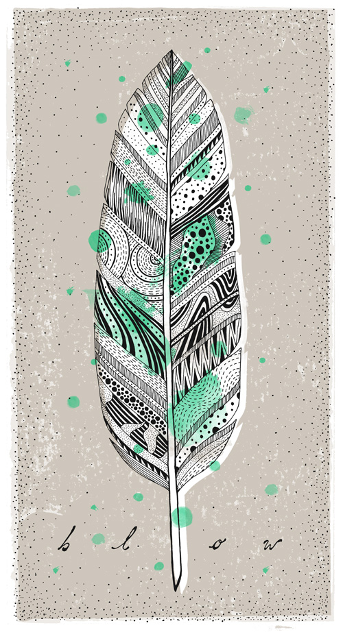 line drawing feather with various patterns inside the feather, a screen printed background and some splotchy neon green dots. Tasty.