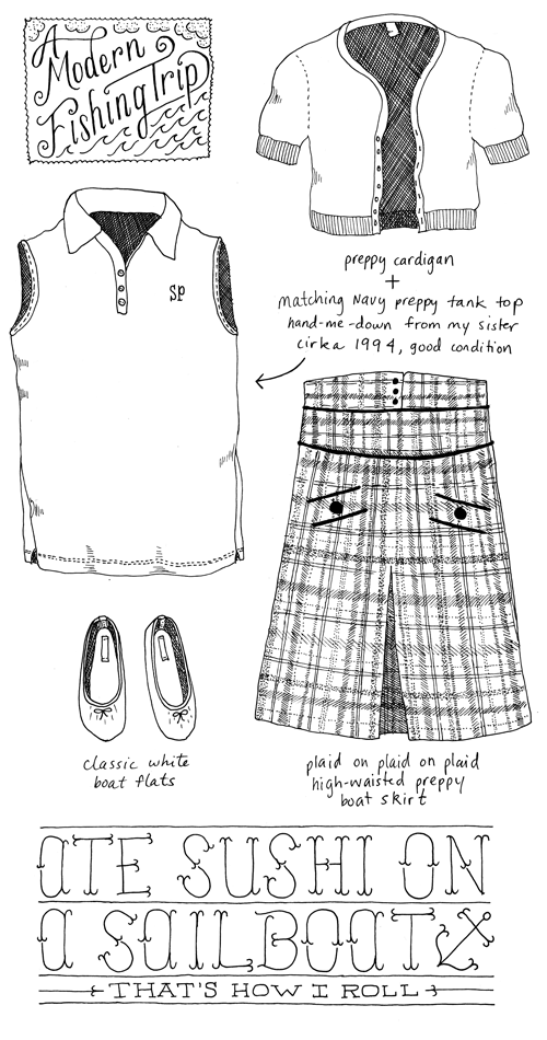 Outfit No. 54: A Modern Fishing Trip - ate sushi on a sailboat (that's how I roll). / Preppy cardigan over a matching navy preppy tank top hand-me-down from my sister cirka 1994, good condition. / Plaid on plaid on plaid high-waisted preppy boat skirt. / Classic white boat flats.