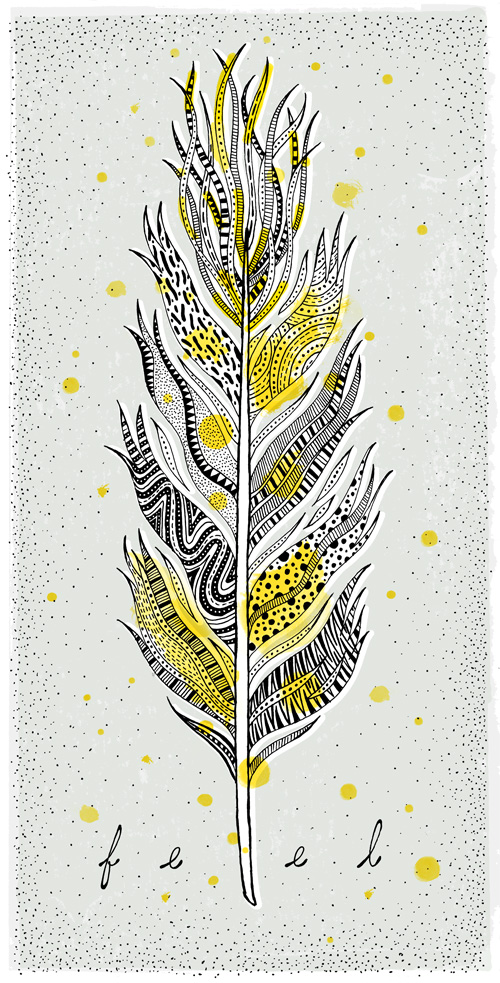 A wavy fluttery feather with lots of fine feathering at the top. The parts are filled with textures of lines and dots and zigs and zags and circles and wholes and patterns on top of a screen print texture and hand stippled background.