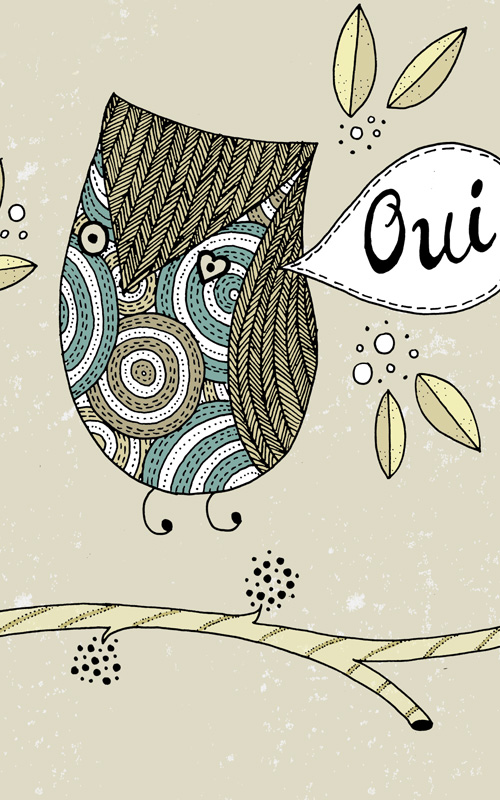 A smitten French owl whispering OUI filled with patterns and textures.