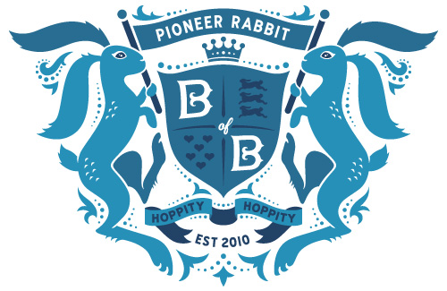 Royal coat of arms shield with bunnies and hearts and banners unfurling held by my pioneer rabbit, for the Bureau of Betterment.