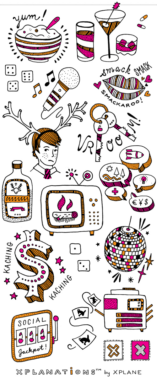 xplane-game-illustrations Spot illustrations for Xplane Holiday Game: bowl of porridge, drinks and pills, unfortunate antler costume, talking politics, getting a giant bonus, yule log on the television set, designated driver, jagermeister, disco ball, social jackpot machine, copy machine shenanigans, roll the dice.