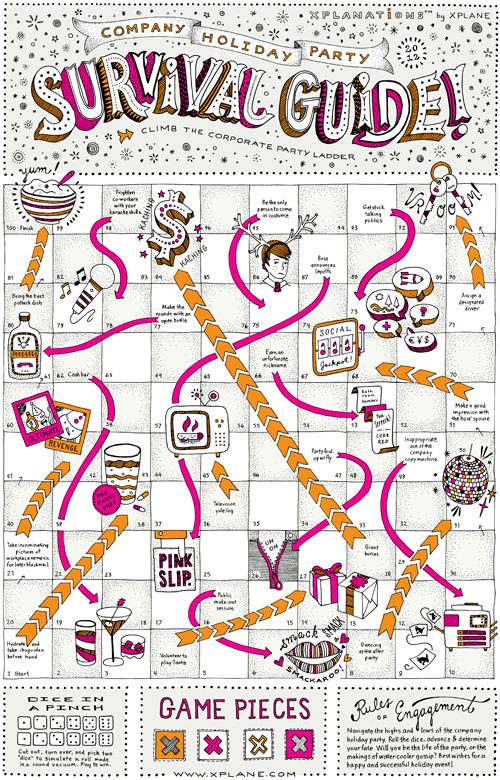 The game of chutes and ladders as reinterpreted for "company holiday party survival guide 2012" for Xplane of Portland, Oregon.
