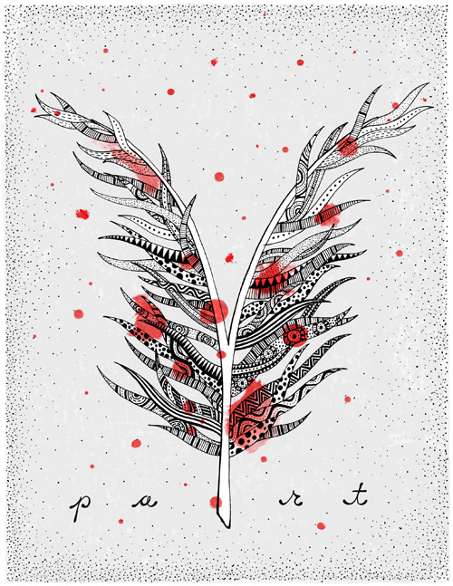 Black line drawing of a split feather filled with patterns and covered with red watercolor dots.