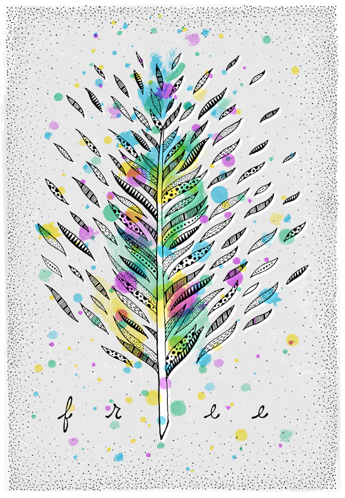 line drawn feather with patterns and textures in the feather parts, overlaid with multi-color watercolor textures