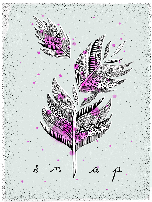 A 3-part feather illustration where the feather has snapped over. Filled with textures and shown on a screen print texture background with watercolor splotches.