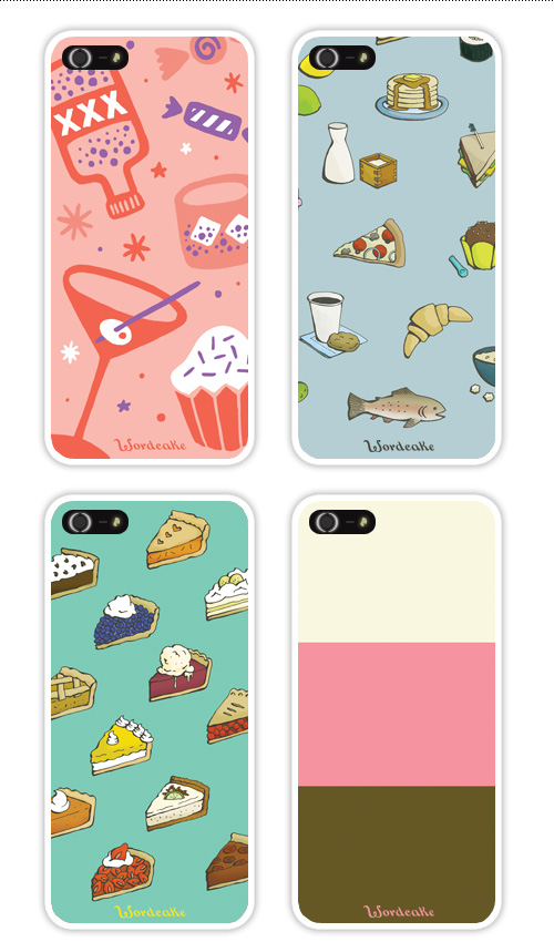 iPhone cases with food designs: pie, ice cream, cocktails, cupcakes, pancakes, pizza, fish, croissants et al.