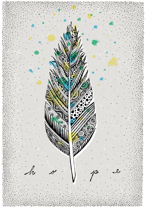 One short of a dozen, here is another pattern filled quill feather. The watercolor accents hover at the tip, floating upwards in hope and lightness.