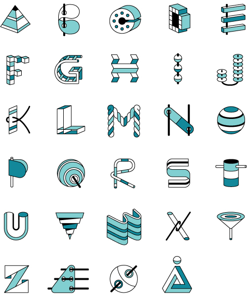 3D alphabet with geometric shapes, rods, spheres, panels etc.