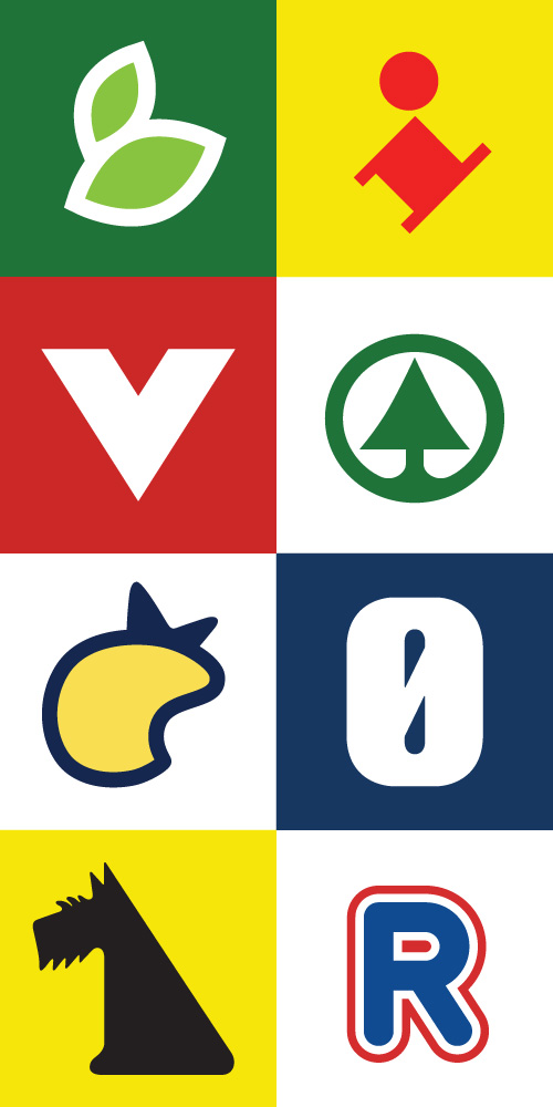 Danish supermarket logos reduced to their simplest recognizable form: SuperBest, Lidl, Kvickly, Spar, Irma, Føtex, Netto, Rema 1000.