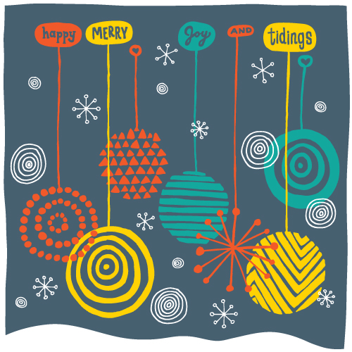 Happy, merry, joy and tidings. Multi-colored illustrated holiday ball decorations on a night sky background.