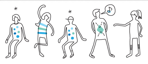 Illustration for the icebreaker "memory", which involves matching pairs of body shapes, sounds or movements that people demonstrate.