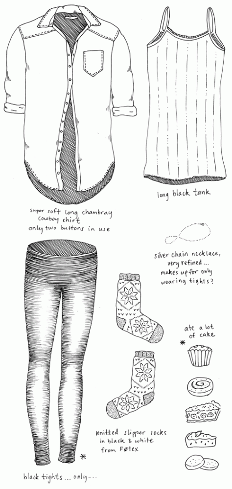 Outfit No. 61: Super soft, long chambray cowboy shirt, only two buttons in use. / Long black tank. / Black tights…only…* / Knitted slipper socks in black & white from Føtex. / Silver chain necklace, very refined…makes up for only wearing tights? / *Ate a lot of cake.