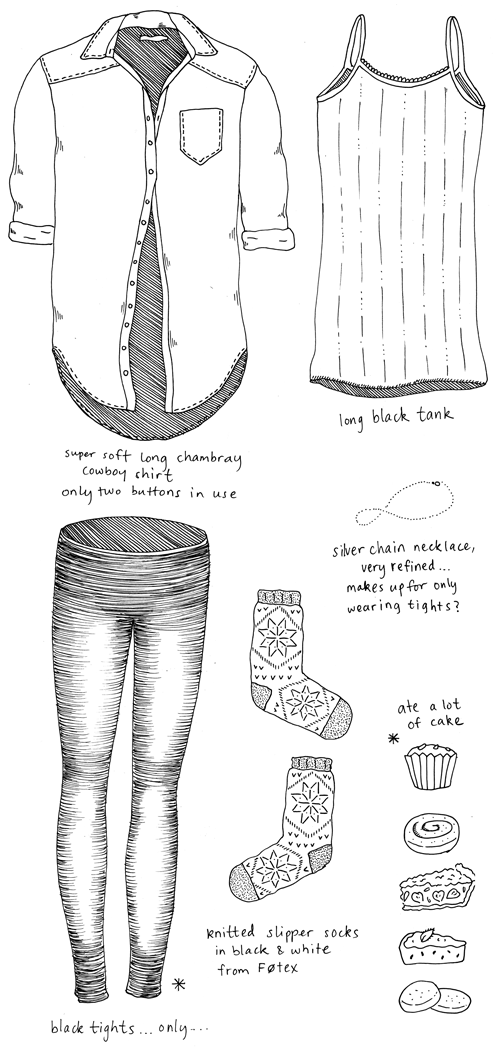 Outfit No. 61: Super soft, long chambray cowboy shirt, only two buttons in use. / Long black tank. / Black tights…only…* / Knitted slipper socks in black & white from Føtex. / Silver chain necklace, very refined…makes up for only wearing tights? / *Ate a lot of cake.