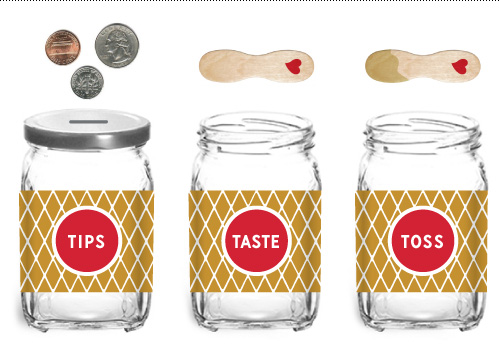 Off-the-shelf tip and spoon jars with printed wraps.